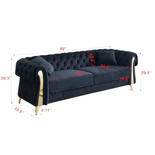 Image of KEIKI 89 inch Chesterfield Velvet Button Tufted Sofa with High Density Foam Cushions and 2 Toss Pillows, Modern Style 3-Seater Couch with 4 Gold Metal Leg, Easy Assembly, for Living Room, Apartment, Black