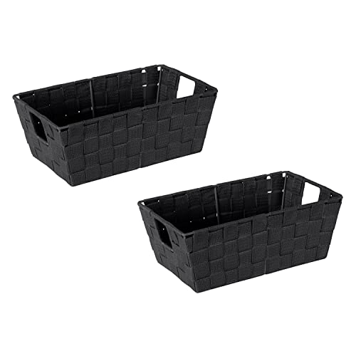 Image of Simplify Small Shelf Woven Strap Tote | Decorative Storage Basket | Built in Handles | Organization | Closet | Bedroom | Bathroom | Nursery | Accessories | Toys | Gifts | 2 Pack | Black