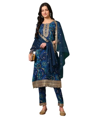 Image of NIVANA Womens Rayon Sequined Embroidered and Printed Kurta with Pant & Embroidered Dupatta | Floral Print Straight Fit Kurta Set | Round Neck with 3 /4 Sleeves | Festive & Ethnic Wear Outfit