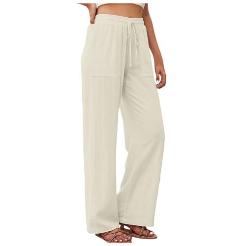 Pantalon en lin femme à taille haute et jambe droite fluide avec poches