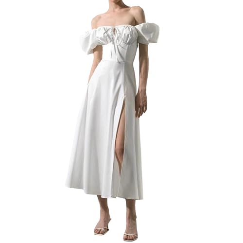 Women's Summer Commuter Maxi Dress, 2025 French Style Temperament Puff Sleeve Lacing Waist Slit Skirt Long Dress