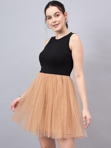 Image of Style Quotient Women Black Beige Colourblocked Net Dress