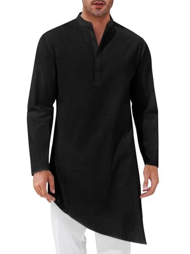 Runcati Mens Kaftan Robe Thobe Cotton Long Sleeve Henley Shirt Casual Muslim Gown Kurta Tops