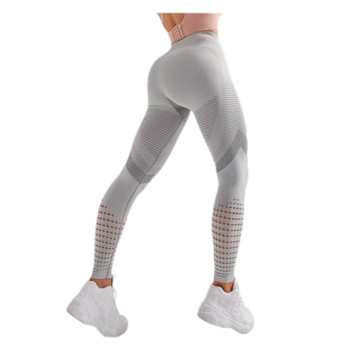 AMSLSIU Mujeres Fitness Leggings Yoga Gimnasio Ejercicio Femenino Pantalones absorbentes de Sudor Agujero de Tejer Deportes Caminar Niñas Legging, Gris, L