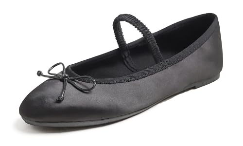 FEVERSOLE Women's Mary Jane Fashion Round Toe Easy Buckle Slip On Flats Silky Black Size 6.5 M US