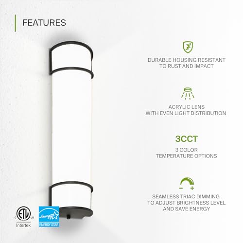 Image of ASD LED 24 inch Vanity Flush Mount Light Fixture, Linear Bathroom Lighting Bar | 3CCT, Dimmable, Energy Star, ETL Listed | 25W 1950LM 3000-5000K 120V | Long Tube Bath Wall Sconce Over Mirror | Black