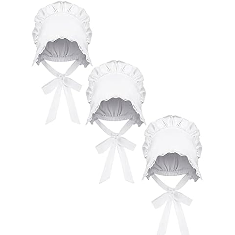 3 Pieces Women's Mob Bonnets White Women's Bonnet Colonial Hat Victorian Bonnet Adult Handmaids Tale Prairie Bonnet Costume with Adjustable Straps Cover