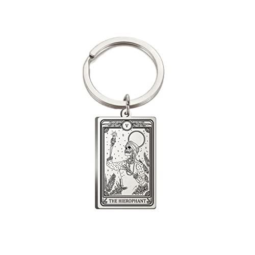 TEAMER Skeleton Tarot Cards Keychains Stainless Steel Amulet Marigold Tarot Card Major Arcana Keyring for Keys Cars Bags (Steel Color-THE HIEROPHANT)