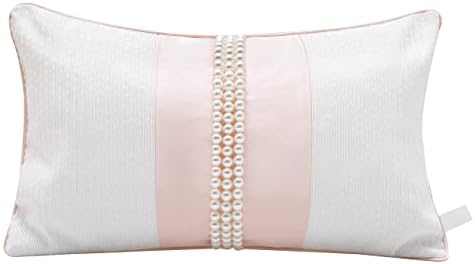 Melody Art Personalizable White and Pink Glam Throw Lumbar Pillow Cover 12x20 Decorated with Pearls Luxury Room Bed Chair Sofa Decor