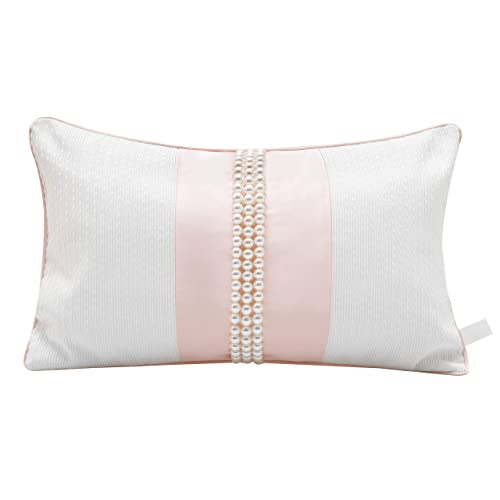 Melody Art Personalizable White And Pink Glam Throw Lumbar Pillow Cover 12X20 Decorated With Pearls Luxury Room Bed Chair Sofa Decor #TOP21