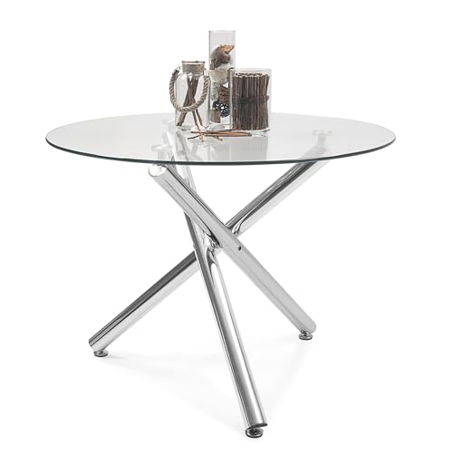 Homely – Mesa de Comedor Redonda Brisa, sobremesa de Cristal Templado Transparente de 110 cm diámetro, Patas de Metal Pulido Acabado Brillo, 110x110x75,5 cm