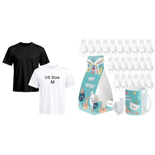 Joyclub Bundle of 2 Pack Black White Adult Unisex Polyester T Shirts and 24 Pack White Gift Boxes with Ribbon for 11oz Sublimation Mugs