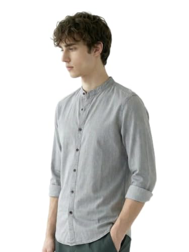 Image of Amazon Brand - INKAST Men Washed Cotton Twill Denim Casual Button Down Shirt | Mandarin Collar | Full Sleeves | Regular Fit | Stylish Summer - Everyday Wear