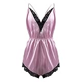 Jhaoyu Men One-Piece Lingerie Jumpsuit Lace Trim Shorts Romper Pajamas Silky Satin V Neck Sissy Nightwear Pink Large