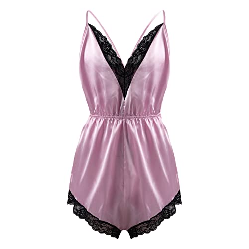 Jhaoyu Men One-piece Lingerie Jumpsuit Lace Trim Shorts Romper Pajamas Silky Satin V Neck Sissy Nightwear