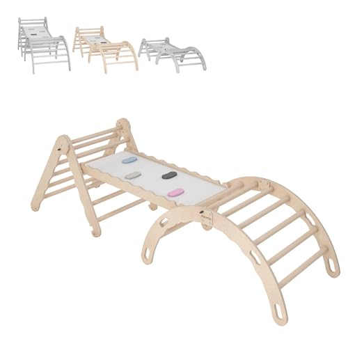 MAMOI® Set de Estructura de Escalada Interior, triángulo de Escalada con tobogán de Madera, Arco trepador, bebé niños, balancín Arco Iris con Tabla Deslizante, Arco de Madera para Parque Infantil a