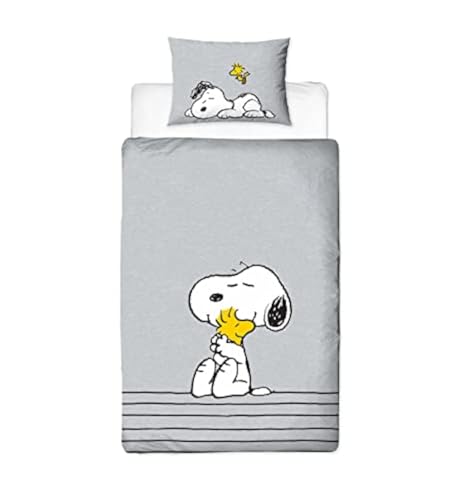 Character World Peanuts Snoopy - Funda de edredón Individual con Licencia Oficial | Diseño Reversible de Dos Caras con Funda de Almohada a Juego, polialgodón, Gris