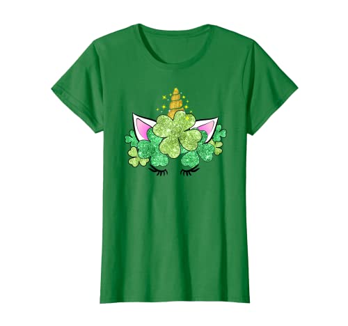 Lucky Clover Green Shamrocks Unicorn Girls St Patrick's Day T-Shirt
