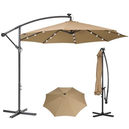 Panana 3M Cantilever Garden Parasol with Solar LED Lights Outdoor Banana Hanging Umbrella with Crank and Tilt UV Protection Sun Shade Canopy Offset Parasol for Pool Deck Patio Balcony (Khaki)