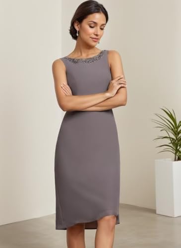 Short Mother of The Bride Dresses for Women 2 Pieces Formal Dress with Jacket Beaded Evening Party Gown3