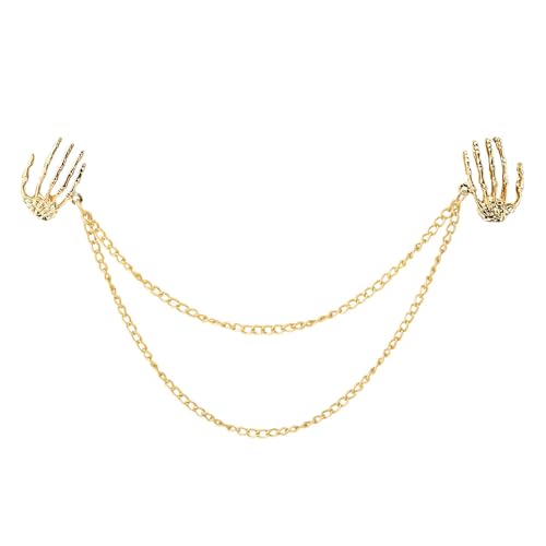 Skeleton Hand Collar Brooch Pin Halloween Lapel Pins for Women Men Tuxedo Suit Shirt Collar Chain Sweater Clip Chain Pin for Women Men Punk Skull Hand Long Chains Suit Brooch