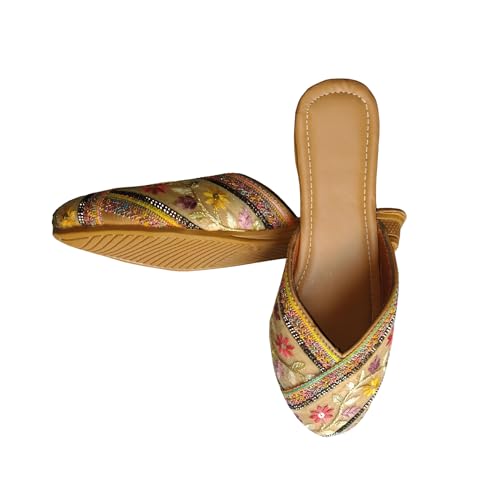 Image of Women's Embroidered Floral Juttis | Ethnic Jutti Flats | Handcrafted Flat Slip-On Mules with Beaded Embellishments