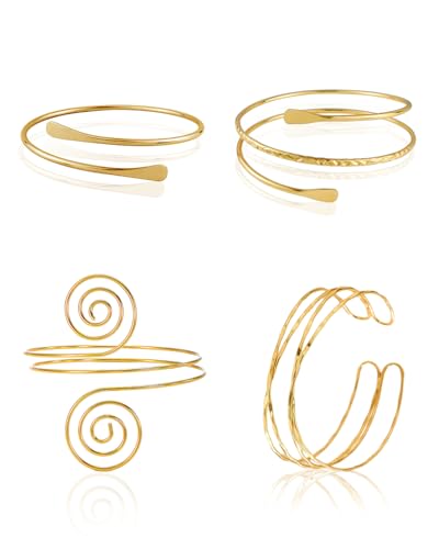 4PCS Arm Cuff Jewelry for Women Gold Upper Arm Cuff Bangle Bracelet, Adjustable Minimalist Armlet Armband Set
