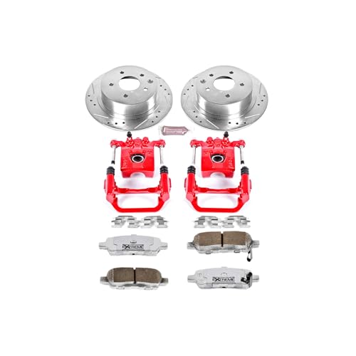 Image of PowerStop Rear Brake & Caliper Kit for Nissan Altima 2002-06 | Nissan Maxima 2004-06 - Drilled & Slotted Disc Rotors + Carbon-Fiber Ceramic Brake Pads + Red-Powder Coated Calipers, KC098-26