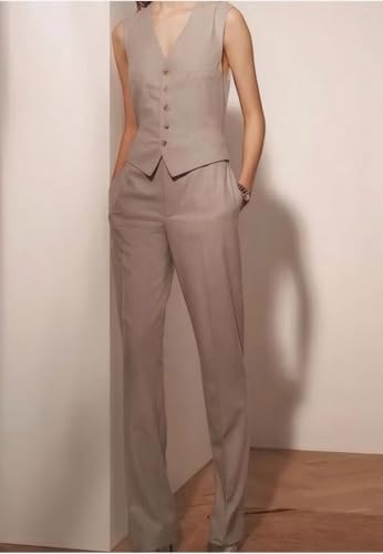 2 PC Linen Womens Outfits Sleeveless Blazer Vest with Pants Cropped Vest Tops Suit Women Tuxedos Suit2