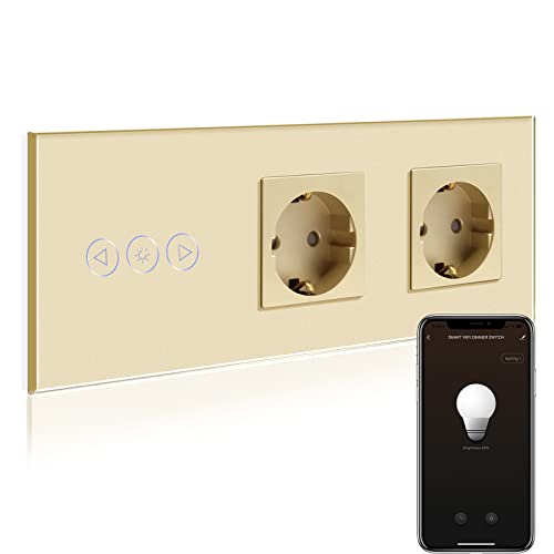BSEED BSEED Normal Steckdose mit Smart Alexa Dimmer Lichtschalter Kompatibel mit Alexa,Google Home, Glas Touchscreen-schalter 1 Fach 1 Weg mit 16A Doppel Steckdose Gold(Neutrale Leitung benötigt)