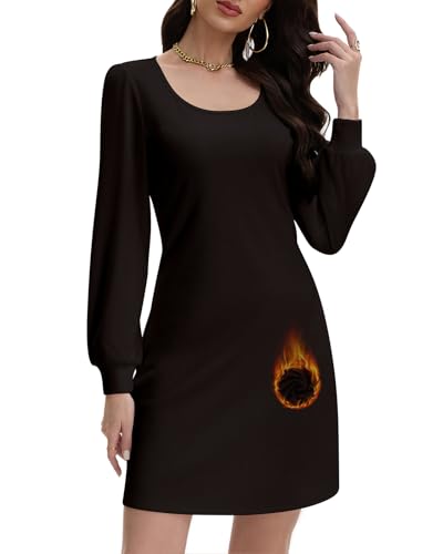 WOWENY Strickkleid Damen Elegant Langarm Warm Pulloverkleid Herbst Winter Puffärmel Kleid A-Linie Weich Lässig Kleider(Schwarz,L)