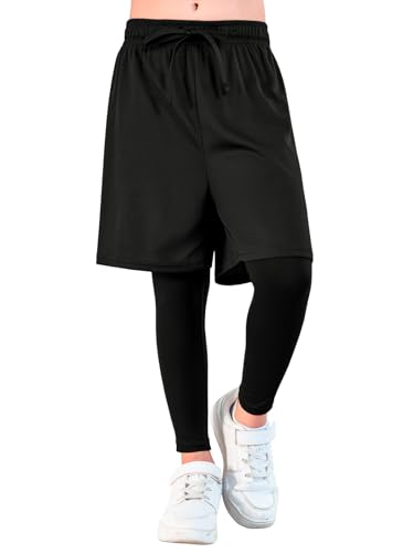 Haloumoning Boys Sports Leggings with Shorts Kids 2 in 1 Running Workout Athletic Legging Pants 5-14 Years4