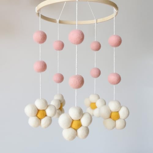 Image of Goukurlsma Daisy Mobile for Crib Boho Baby Crib Mobile for Girls Pink Felt Flower Baby Mobile for Crib