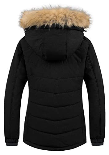 Pursky Women Winter Jacket Windproof Rain Snow Ski Coat Fur Hooded Parka Black S #TOP1