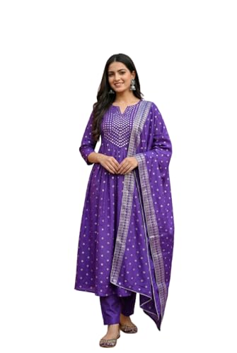 Ensemble kurta brodé finitions aluminium avec dupatta et pantalon fluide pour femme active