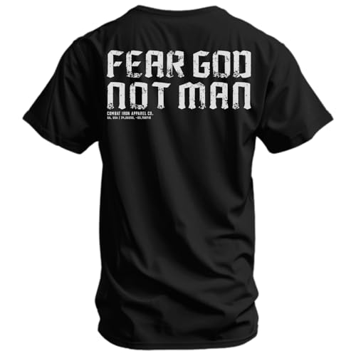 Combat Iron Men’s Graphic T-Shirt – Fear God Not Man, Athletic Fit Tee, Pre-Shrunk Cotton Poly Blend, Soft Comfortable Everyday Shirt - Black, 3X-Large