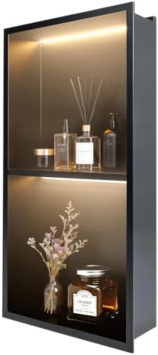 RSXMAX Stainless Steel Shower Niche 12" X 24", 2-Tiers No Tile Needed Wall Niche with Non Dimmable Led Light, Recessed Shower Niche Lighting for Bathroom Storage (Matte Black)
