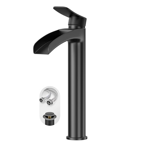 Phiestina Matte Black Tall Bathroom Vessel Sink Faucet, Waterfall Single