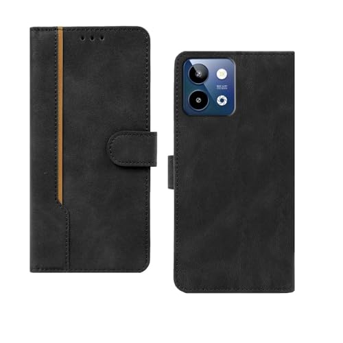 Image of amazon basics Lava Storm Lite 5G Flip Cover | Card Pockets Wallet & Stand | Flip Cover for Lava Storm Lite 5G (Black with Beige Strip)