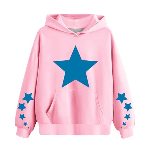 Pink Palm Puff Hoodie Kids Cute Star Pattern Sweatshirts for Teen Girls with Pockets Long Sleeve Fall Winter Hoodie