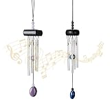 2 Pack Small Silver Wind Chime with Ceramic Blank Drops, Metal Garden Wind Chimes with Different Len