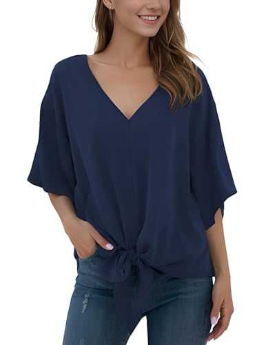 Anelune Chemisier d'été à manches courtes en mousseline de soie pour femme, bleu marine, L