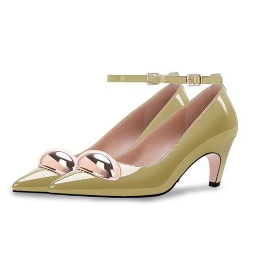 Women's Patent Leather Ankle Strap Kitten Heel Pumps Metal Decoration Closed Toe Dress Heels2