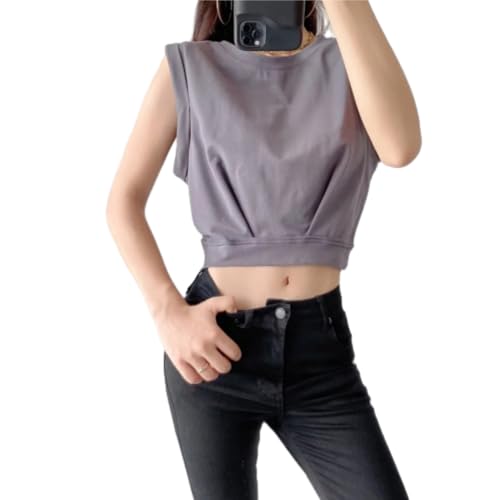 Spring Summer Solid Colour Casual Loose Short O-Neck Tank Tops Sports Vest Folds Top2