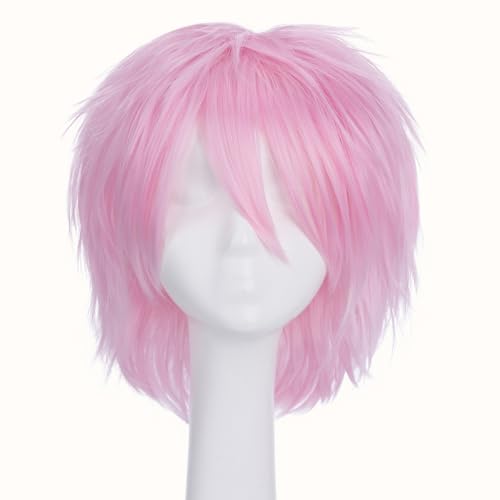 Image of S-noilite Unisex Short Pink Anime Cosplay Wig Women Men's Short Fluffy Layered Pixie Wigs Straight Heat Resistant Synthetic Full Wigs for Halloween Anime Comic-con Costume Party Dress Pink