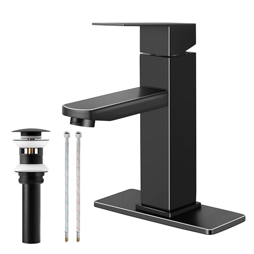 Image of Herogo Black Bathroom Faucet, Stainless Steel Modern Bathroom Sink Faucets with Pop-up Sink Drain & Deck Plate 1 or 3 Hole, Single Handle RV Washbasin Lavatory Faucet with 2 Water Hoses