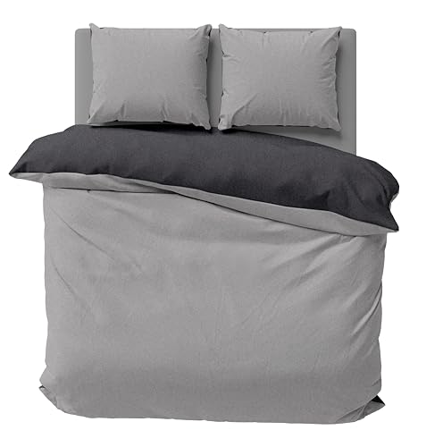 one-home Winter Bettwäsche Doubleface Uni Wende kuschelig flauschig warm weich Fleece, Größe:3 teilig 200x220 cm, Farbe:grau/anthrazit