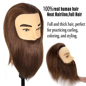 Cabeza de maniquí masculino con barba, 100% cabello humano real, corte de pelo, cabeza de entrenamiento para cosmetología, cabello liso y grueso, cabeza de maniquí con soporte, práctica de corte y 3