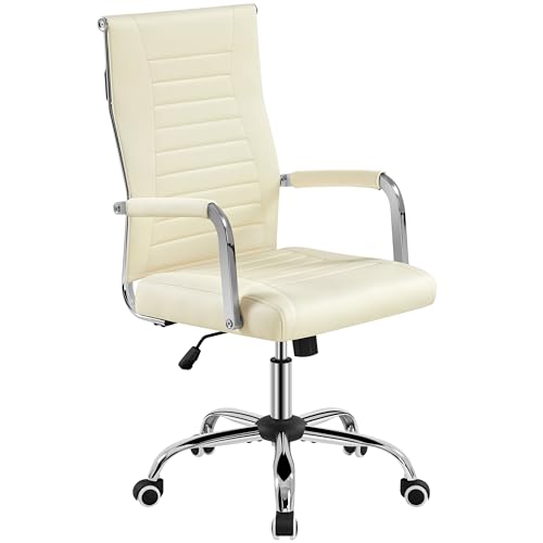 Yaheetech Chaise de Bureau Ergonomique avec Dossier Haut Inclinable en Similicuir de Bureau à roulettes Hauteur Réglable Beige