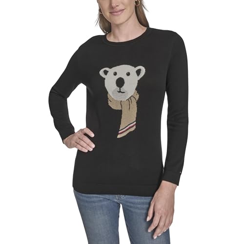 Tommy Hilfiger Women's Sportswear Cotton Crewneck Graphic Sweater, Black, X-Small